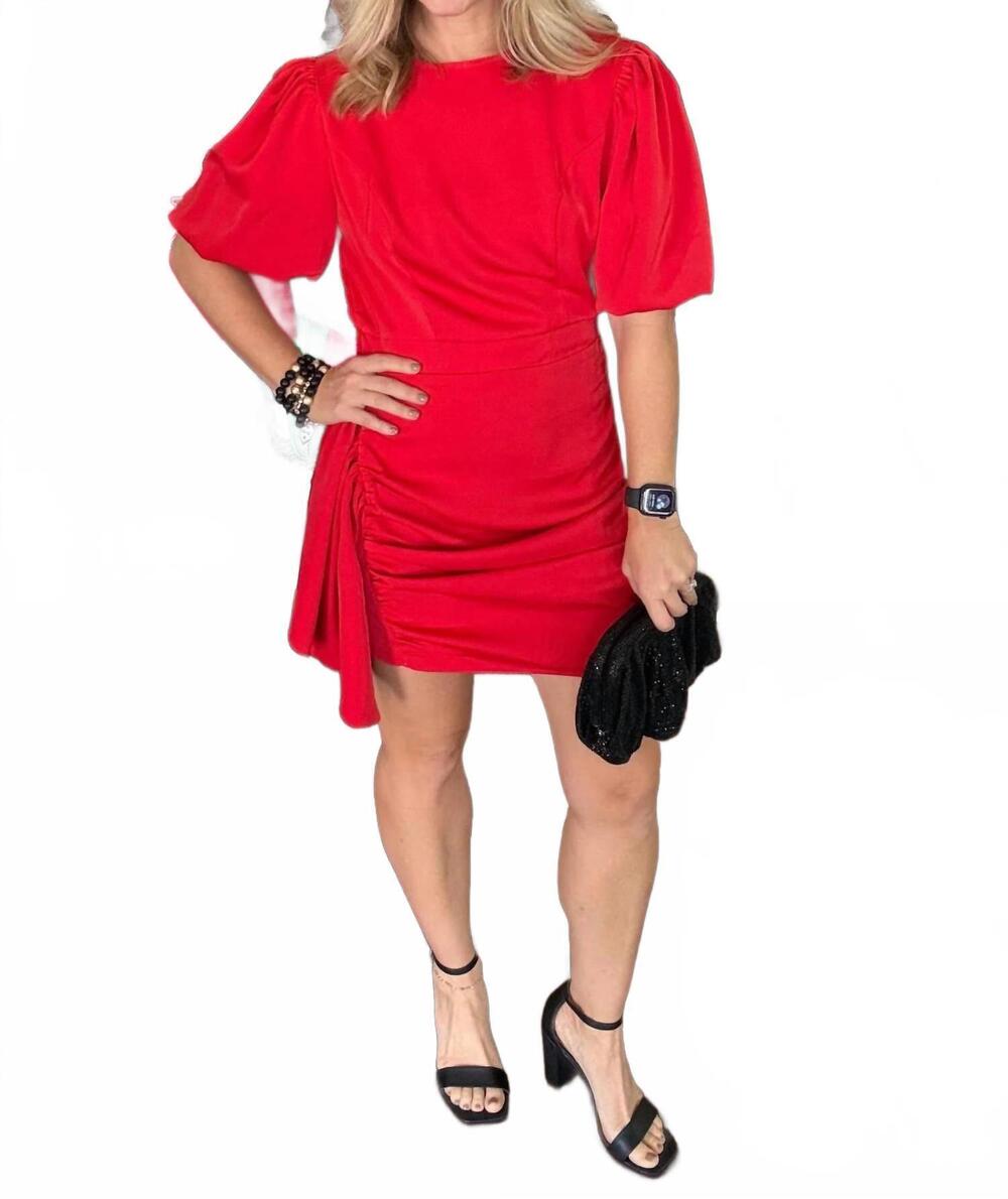 NEW STRUT & BOLT mini dress with rouching and puff sleeve in red